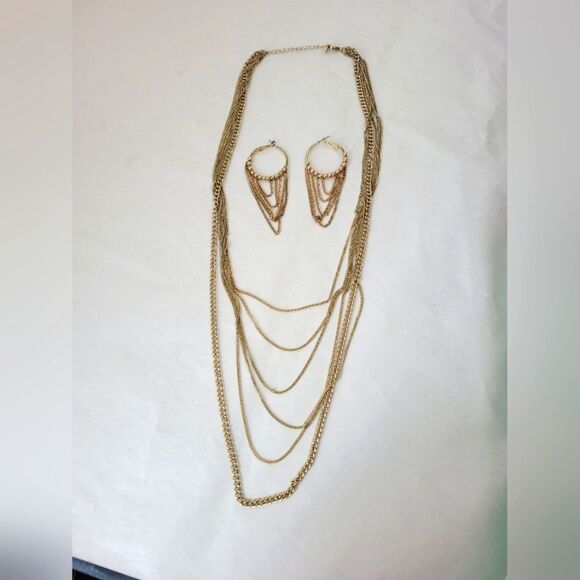 Necklace And Earring Set Gold Chain Dangle Chandelier Glam Elegant Minimalist - Picture 1 of 5